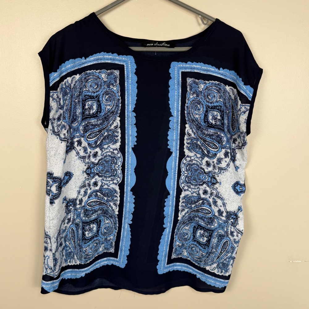Ava Christine Womens Navy Blue Paisley Border Print Short Sleeve Blouse Size M